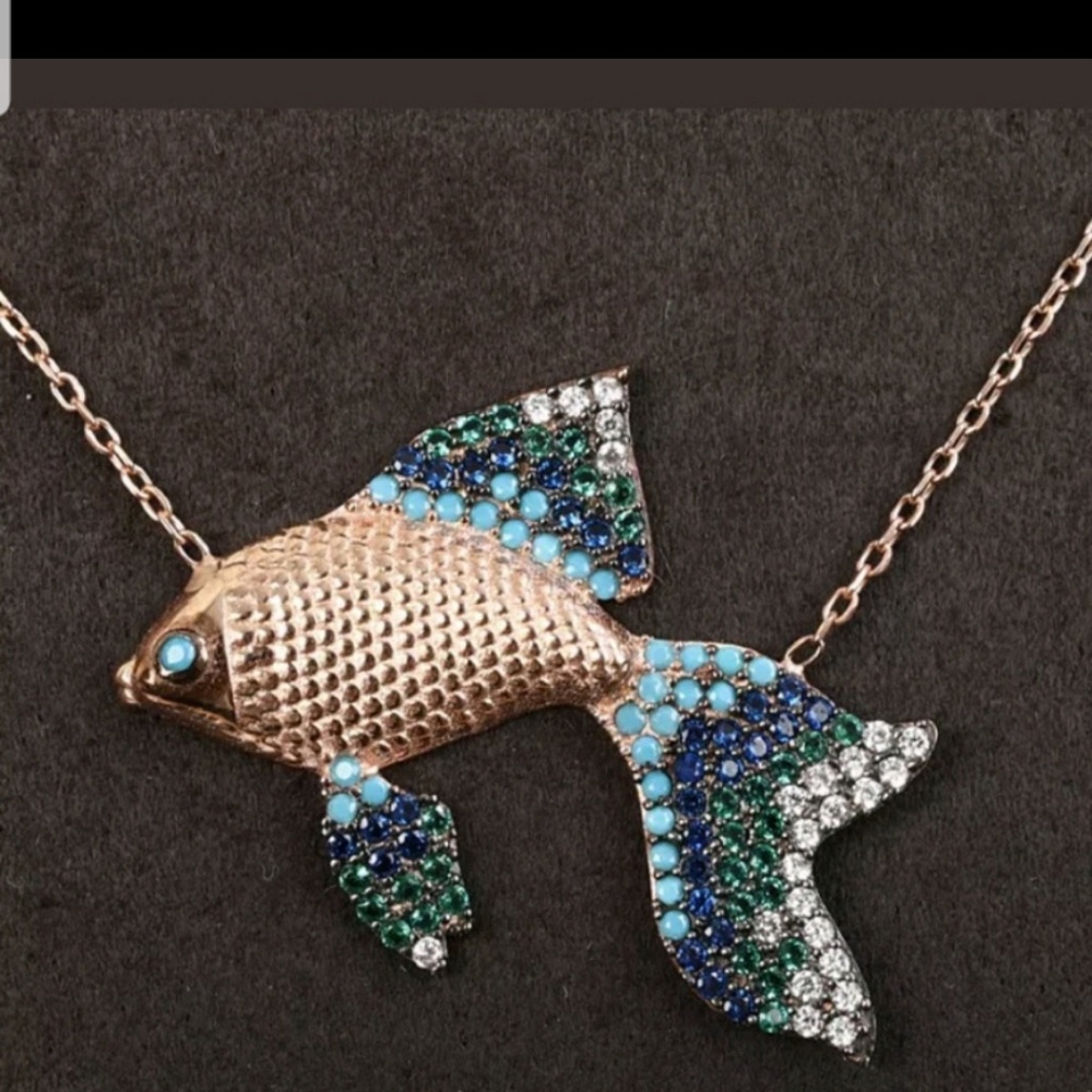 Sapphire Turquoise emerald & topaz rose gold fish necklace